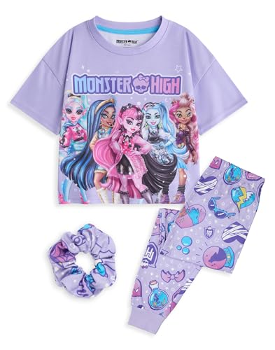 Monster High Mädchen 3-teiliges Pyjama-Set | Lila Kinder-Hose mit langem Bein und Nachthemd mit Allover-Print und Scrunchie-Bommel | Kurzarm-PJs für Kinder mit Charakter-Grafikdruck von Monster High