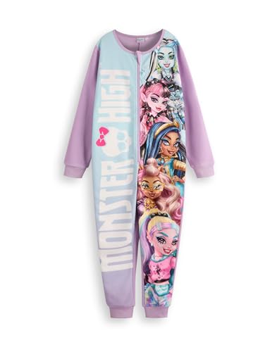 Monster High Girls Onesie | Kinder-Schlafanzug in Lila | Nachtwäsche aus Fleece mit Reißverschluss | Draculaura, Frankie Stein, Clawdeen Wolf | Mode-Cartoon-Serie, Merchandise-Geschenk von Monster High