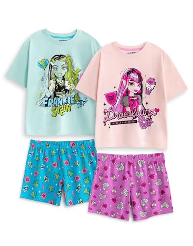 Monster High Pyjama-Set für Mädchen | Blauer Frankie Stein & Pink Draculaura Kurzarm-Nachtwäsche mit kurzen Beinen | 2er-Pack Cartoon-Pyjamas mit Allover-Print | Kindernachtwäsche – 7–8 Jahre von Monster High