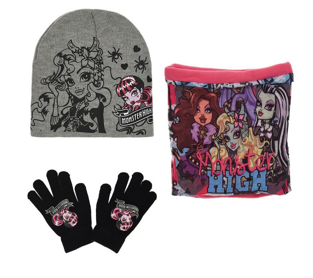 Monster High Schlupfmütze Monster High Girls 3tlg Set Kinder Mütze Wintermütze Handschuhe Loop Gr. 52 bis 54 von Monster High