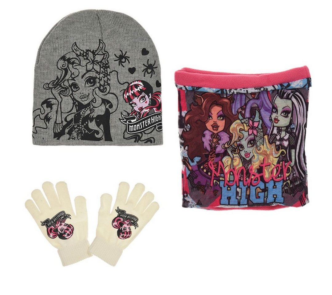 Monster High Schlupfmütze Monster High Girls 3tlg Set Kinder Mütze Wintermütze Handschuhe Loop Gr. 52 bis 54 von Monster High