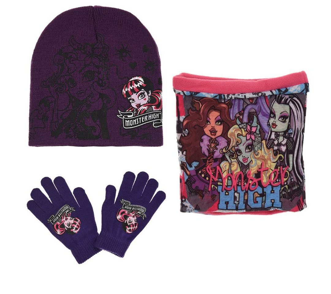 Monster High Schlupfmütze Monster High Girls 3tlg Set Kinder Mütze Wintermütze Handschuhe Loop Gr. 52 bis 54 von Monster High
