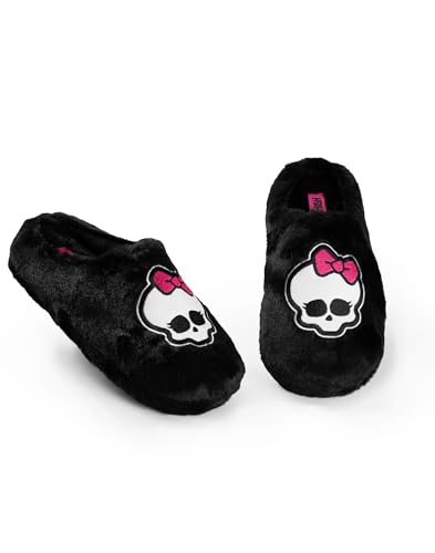 Monster High Schwarze, flauschige Pantoffeln für Damen | Cartoon-Totenkopf mit Schleifen-Design | Stilvolle Homewear & Freizeitschuhe | Bequeme Hausschuhe Merch von Monster High