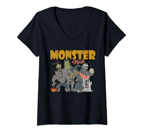 Damen Monster Mash Vintage Ghost Halloween Lustig T-Shirt mit V-Ausschnitt von Monster Mash Vintage Ghost Halloween Funny
