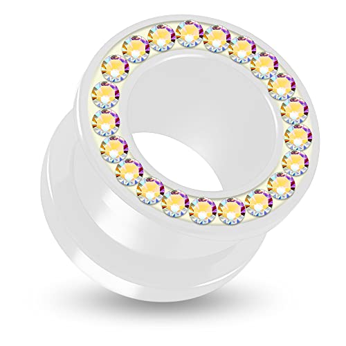 10MM Weißer UV Acryl Double Flared Tunnel mit Regenbogen Kristall Steinen Glitzer Ohr Piercing Weiß Regenbogenfarben Fleischtunnel Verschiedene Größen Plug Tunnel Ohrring Männer Frauen von Monster Piercing