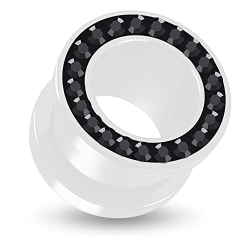 12MM Weißer UV Acryl Double Flared Tunnel mit Schwarzen Kristall Steinen Glitzer Ohr Piercing Weiß Schwarz Fleischtunnel Verschiedene Größen Plug Tunnel Ohrring Männer Frauen von Monster Piercing