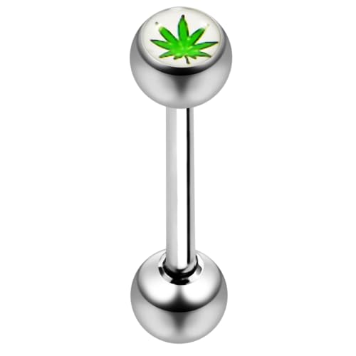 Marihuana Blatt Bild Logoball mit 14 Gauge - 16MM Länge 316L chirurgischer Stahl Straight Barbell Zunge Bar Piercing von Monster Piercing