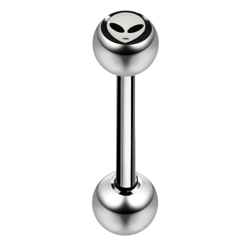 Monster Piercing Aliengesicht Logoball Bild mit 14 Gauge - 16MM Länge 316L chirurgischer Stahl Straight Barbell Zunge Bar Piercing von Monster Piercing