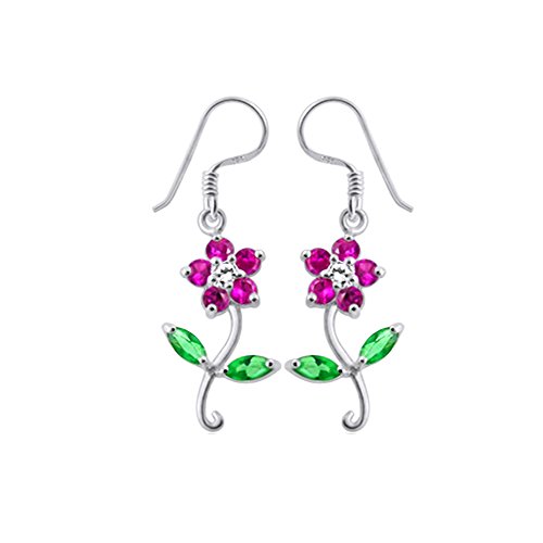 Rotem CZ-Stein Blume mit Blatt 925 Sterling Silber Fisch Haken Ohrring von Monster Piercing