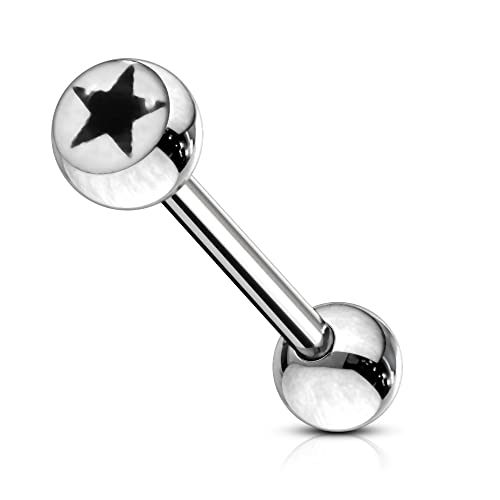 Schwarze Sterne Bild Logoball mit 14 Gauge - 14MM Länge 316L chirurgischer Stahl Straight Barbell Zunge Bar Piercing von Monster Piercing