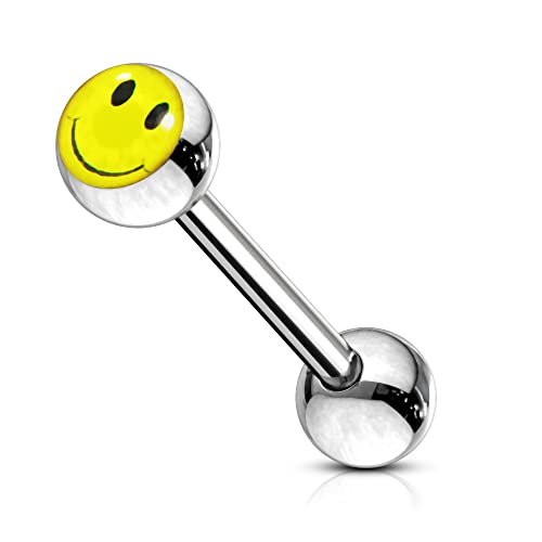 Smiley Face Logo Bild Ball mit 14 Gauge - 16MM Länge 316L chirurgischer Stahl Straight Barbell Zunge Bar Piercing von Monster Piercing