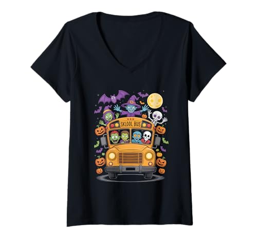 Damen Halloween Sklool Bus Monster Zombie Hexe Geist Schule T-Shirt mit V-Ausschnitt Damen Halloween Sklool Bus Monster Zombie Hexe Geist Schule T-Shirt mit V-Ausschnitt von Monster Schule Bus Zombies Geister Halloween