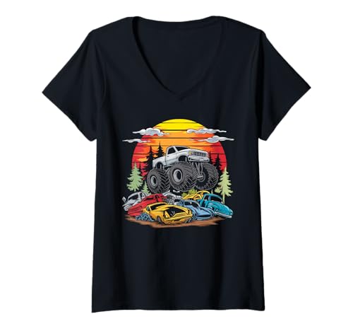 Damen Soaring Monster Truck Over Junkyard with Sunset Graphic T-Shirt mit V-Ausschnitt Damen Soaring Monster Truck Over Junkyard with Sunset Graphic T-Shirt mit V-Ausschnitt von Monster Truck Adventure Designs