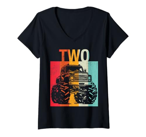 Damen 2. Geburtstag Retro Monster Truck 2. Jahre Jungen Mädchen Kinder T-Shirt mit V-Ausschnitt von Monster Truck Birthday Retro Apparel Boys Girls