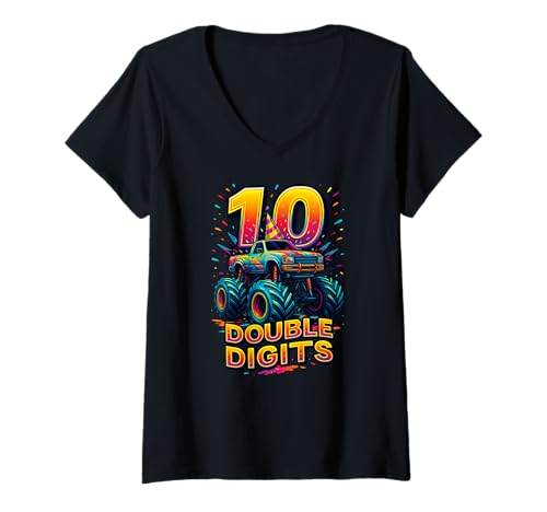 Damen Monster Truck Geburtstag 10th Bday 10 Years Old Double Digits T-Shirt mit V-Ausschnitt von MonsterTruckAxis1