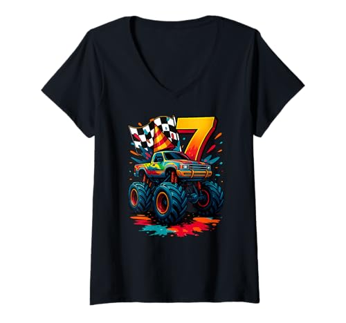 Damen Monster Truck Geburtstag 7. Geburtstag 7 Jahre alte Jungen Mädchen Kinder T-Shirt mit V-Ausschnitt von MonsterTruckAxis1