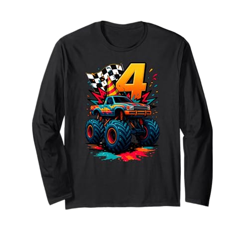Monster Truck Geburtstag 4. Geburtstag 4 Jahre alte Jungen Mädchen Kinder Langarmshirt von MonsterTruckAxis1