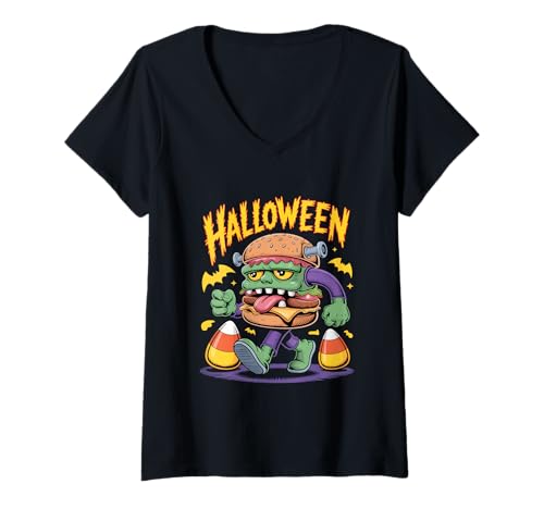 Damen Halloween Monster Burger Franken Snack Spuk T-Shirt mit V-Ausschnitt von Monsterburger Franken Spass Halloween Nacht