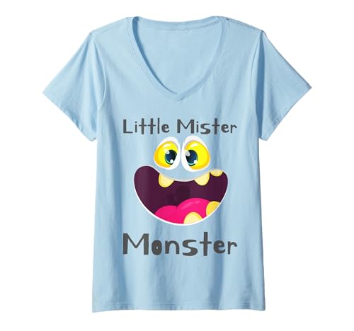 Damen Little Mister Monster Halloween Jungen Kostüm Lustiger Sohn Junge T-Shirt mit V-Ausschnitt von Monsters Couples Parent Halloween Costume Matching