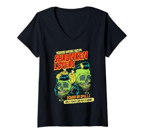 Damen Voodoo Lovers Shrunken Heads Victory Rolls Zombie-Paar T-Shirt mit V-Ausschnitt Damen Voodoo Lovers Shrunken Heads Victory Rolls Zombie-Paar T-Shirt mit V-Ausschnitt von Monsters and Martians