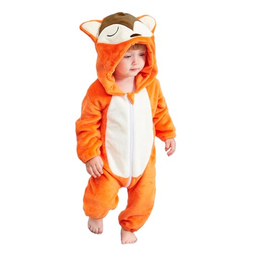 Baby Overall Winter Baby Strampler Warm Flanell Dinosaurier Einhorn Kostüme für Baby, Cute Onesie Schlafanzug Kapuze Kinder Pyjamas Schlafsack mit Ärmel Füßen Fuchs Orange 70(0-6 Monate) von Monstoyo