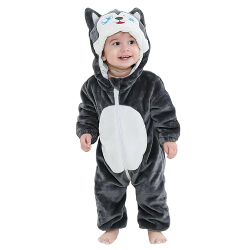 Baby Overall Winter Baby Strampler Warm Flanell Dinosaurier Einhorn Kostüme für Baby, Cute Onesie Schlafanzug Kapuze Kinder Pyjamas Schlafsack mit Ärmel Füßen Husky Grau 70(0-6 Monate) von Monstoyo