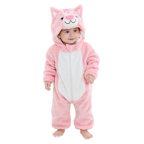 Baby Overall Winter Baby Strampler Warm Flanell Dinosaurier Einhorn Kostüme für Baby, Cute Onesie Schlafanzug Kapuze Kinder Pyjamas Schlafsack mit Ärmel Füßen Katze Rosa 80(6-12 Monate) von Monstoyo