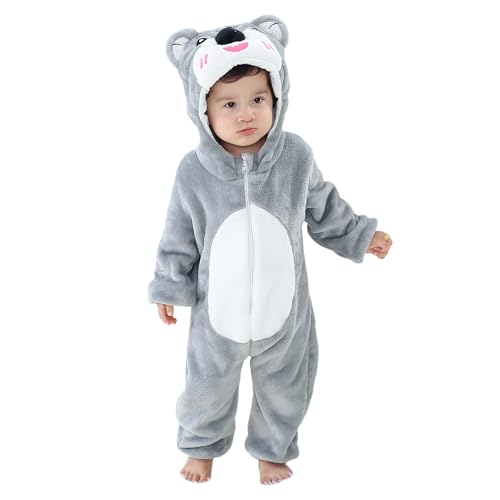 Baby Overall Winter Baby Strampler Warm Flanell Dinosaurier Einhorn Kostüme für Baby, Cute Onesie Schlafanzug Kapuze Kinder Pyjamas Schlafsack mit Ärmel Füßen Koala Grau 90(12-18 Monate) von Monstoyo
