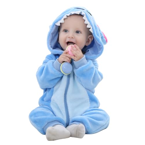 Baby Overall Winter Baby Strampler Warm Flanell Dinosaurier Einhorn Kostüme für Baby, Cute Onesie Schlafanzug Kapuze Kinder Pyjamas Schlafsack mit Ärmel Füßen Blau 110(24-30 Monate) von Monstoyo