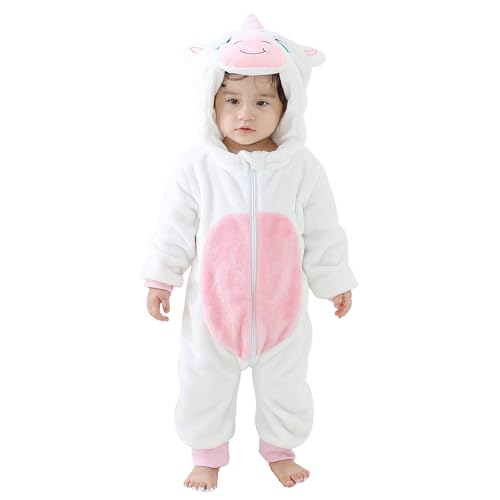 Baby Overall Winter Baby Strampler Warm Flanell Dinosaurier Einhorn Kostüme für Baby, Cute Onesie Schlafanzug Kapuze Kinder Pyjamas Schlafsack mit Ärmel Füßen Einhorn Weiß 100(18-24 Monate) von Monstoyo