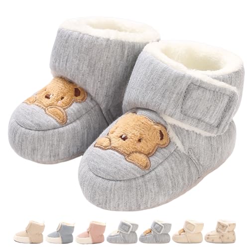 Baby Winterschuhe Wärme Babyschuhe Winter Anti-Rutsch Verstellbare Neugeborene Schneeschuhe Lauflernschuhe Gefütterte Thermo Fleece Krabbelschuhe Hausschuhe Winterstiefel Braun Bär Grau 0-6 Monate von Monstoyo