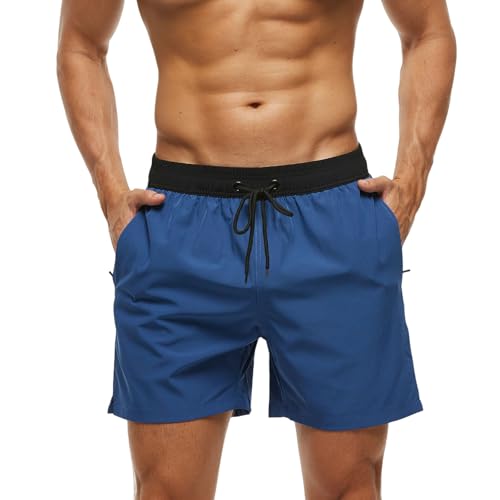 Badeshorts Herren Badehose Männer mit Reißverschlusstasche, Schnelltrocknend Schwimmhose Herren Badehosen Strandhose mit Netzfutter für Surf Swim Pool L Farbnähte Marine von Monstoyo