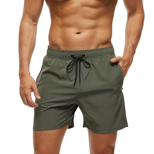 Badeshorts Herren Badehose Männer mit Reißverschlusstasche, Schnelltrocknend Schwimmhose Herren Badehosen Strandhose mit Netzfutter für Surf Swim Pool M ArmyGreen von Monstoyo