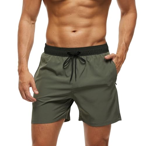 Badeshorts Herren Badehose Männer mit Reißverschlusstasche, Schnelltrocknend Schwimmhose Herren Badehosen Strandhose mit Netzfutter für Surf Swim Pool M Farbnähte ArmyGreen von Monstoyo
