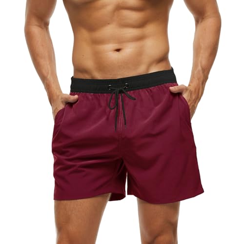 Badeshorts Herren Badehose Männer mit Reißverschlusstasche, Schnelltrocknend Schwimmhose Herren Badehosen Strandhose mit Netzfutter für Surf Swim Pool XXL Farbnähte Rotwein von Monstoyo