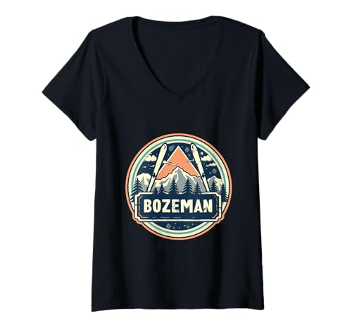 Damen Bozeman Montana Sky Mountains Skifahren Schnee Winter Wandern Spaß T-Shirt mit V-Ausschnitt Damen Bozeman Montana Sky Mountains Skifahren Schnee Winter Wandern Spaß T-Shirt mit V-Ausschnitt von Montana Adventures Design Co.