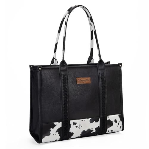 Montana West x Wrangler, Tote Bag für Damen, Western, Kuh-Druck, Designer-Handtasche mit Tragegriff oben, L Schwarz, Large von Montana West