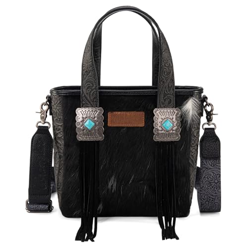 MONTANA WEST Wrangler Tragetasche aus Rindsleder für Damen, Western-Werkzeugtasche, Lederfransen mit türkisfarbenem Stein-Concho, Western Black, Large MONTANA WEST Wrangler Tragetasche aus Rindsleder für Damen, Western-Werkzeugtasche, Lederfransen mit türkisfarbenem Stein-Concho, Western Black, Large von Montana West