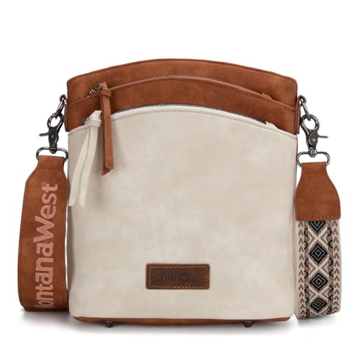 Montana West Große Umhängetasche mit mehreren Reißverschlussfächern und Gitarrengurt, Braun/Beige von Montana West