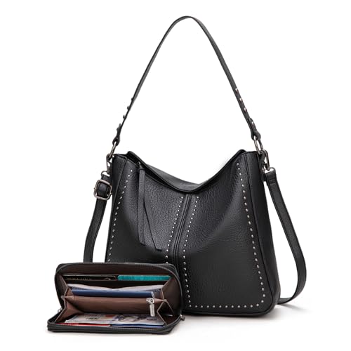 Montana West Hobo-Umhängetasche mit Geldbörse und Geldbörse, 2-teiliges Set, Schulterhandtaschen mit verstellbarem Riemen, Schwarz von Montana West
