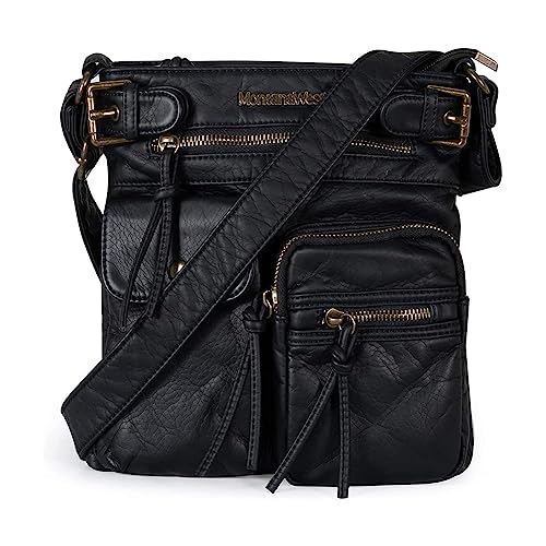 Montana West Mittelgroße Umhängetasche für Damen Schultertaschen Multi Pocket leichte Reisetasche Ultra weiches gewaschenes Leder 046, 046schwarz, Small von Montana West