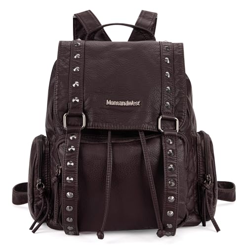 Montana West Rucksack für Damen, weiches gewaschenes Leder, Kordelzug, lässig, Reisen, große Rucksäcke, Nieten Kaffee, Medium, Reiserucksäcke von Montana West