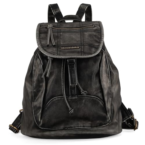 Montana West Rucksack für Damen, weiches gewaschenes Leder, Kordelzug, lässig, Reisen, große Rucksäcke, Z Schwarz, Medium, Reiserucksäcke von Montana West