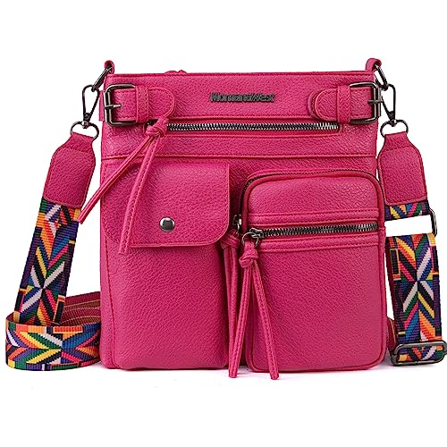 Montana West Umhängetasche für Damen, mehrere Taschen, Schultertaschen, mittlere Reisegeldbörsen, ultraweiches, gewaschenes Leder, Gitarrengurt, Pink von Montana West