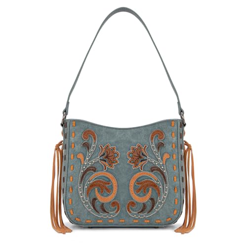 Montana West Western bestickte Umhängetasche für Damen, Vintage, Blumenmuster, Hobo-Handtasche, Jeansblau von Montana West