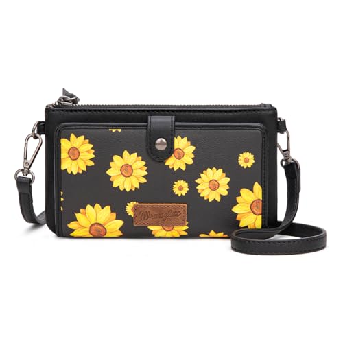 Montana West Wrangler Crossbody-Geldbörse für Damen, RFID-blockierend, Clutch, Handgelenktasche mit Kreditkartenfächern, Dunkelgrauer Sonnenblumen-Druck von Montana West