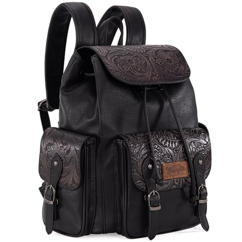 Montana West Wrangler Rucksack für Damen und Herren, Western-Rucksack, florales Design, Reisetaschen, Carve Black, 13.5 x 8.5 x 13.5 inches von Montana West