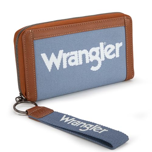 Montana West Wrangler Classic Logo Wristlet Wallets for Women Classic Retro Wallet Purse Bifold Oversized Logo Clutch Wristlet, Boho Jeans, Kompakt von Montana West