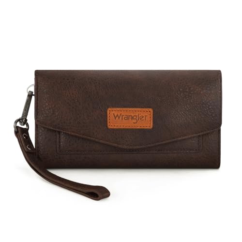 Montana West X Wrangler Geldbörsen für Damen, dreifach gefaltete Handgelenke, große Kartenetuis und Geldorganizer mit Münzbörse und Handgelenkschlaufe, Dreifach gefaltet, kaffeefarben, Casual von Montana West