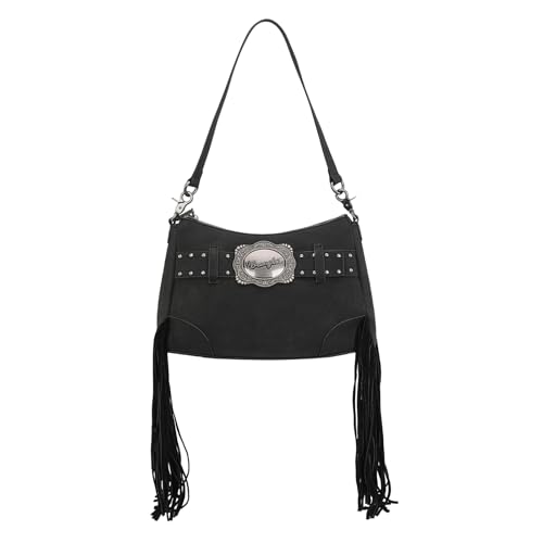 Montana West X Wrangler Hobo-Tasche für Damen, Fransen, Wester, Umhängetasche, veganes Wildleder, Quaste, Hippie, Crossbody-Tasche, Schwarz von Montana West
